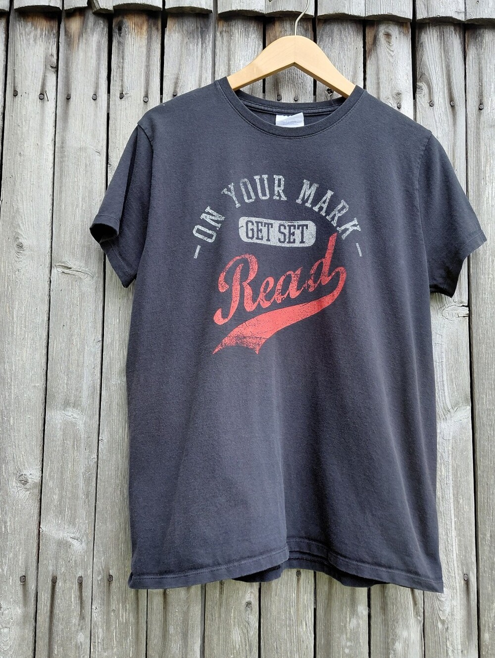Vintage 90s summer book reading program black baseball graphic tshirt Womens L
